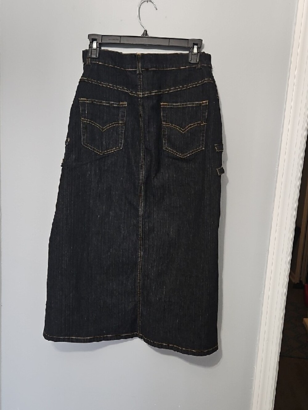 Blue Denim Midi Skirt with Decorative Strap Details - Picture 2 of 4